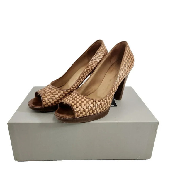 Objects IN Mirror Vero Cuoio Peep Toe Woven 2" Heel Shoes Womens 37.5 Brown - Picture 1 of 13